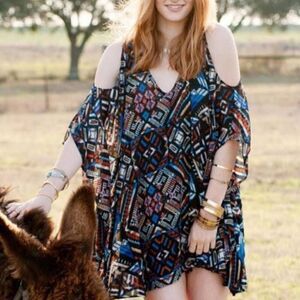 Show Me Your Mumu Geometric Print Cold Shoulder Tunic Kimono Blouse Size Small